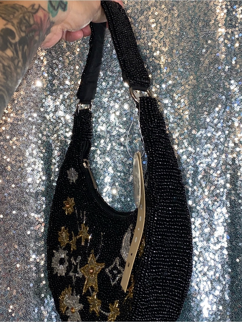 Studio 12 Celestial Hand Beaded Moon Stars Crescent Bag NWT Black Viral Find - Picture 8 of 14